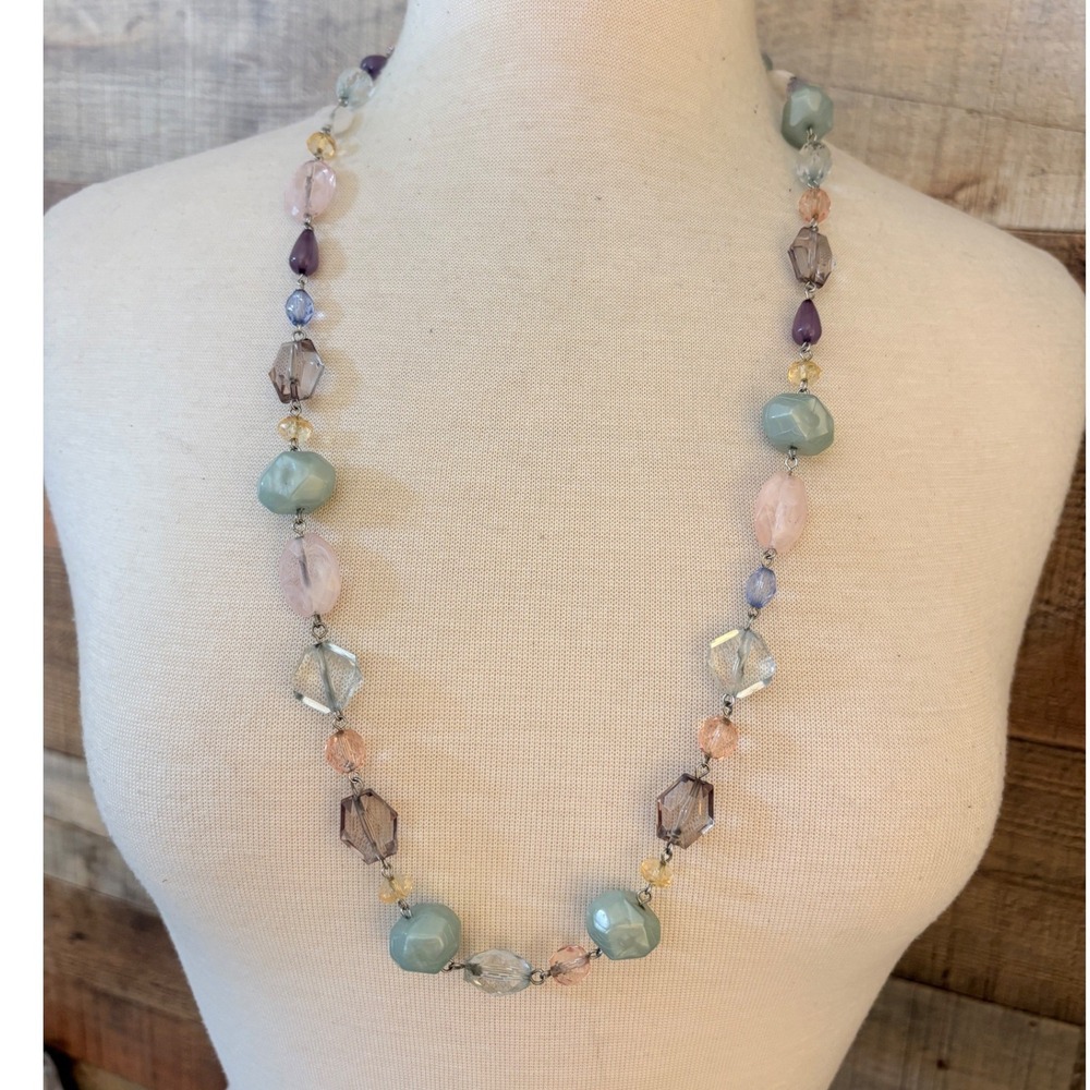 Pastel Multi Bead Long Station Necklace Gunmetal Tone Geometric Faceted